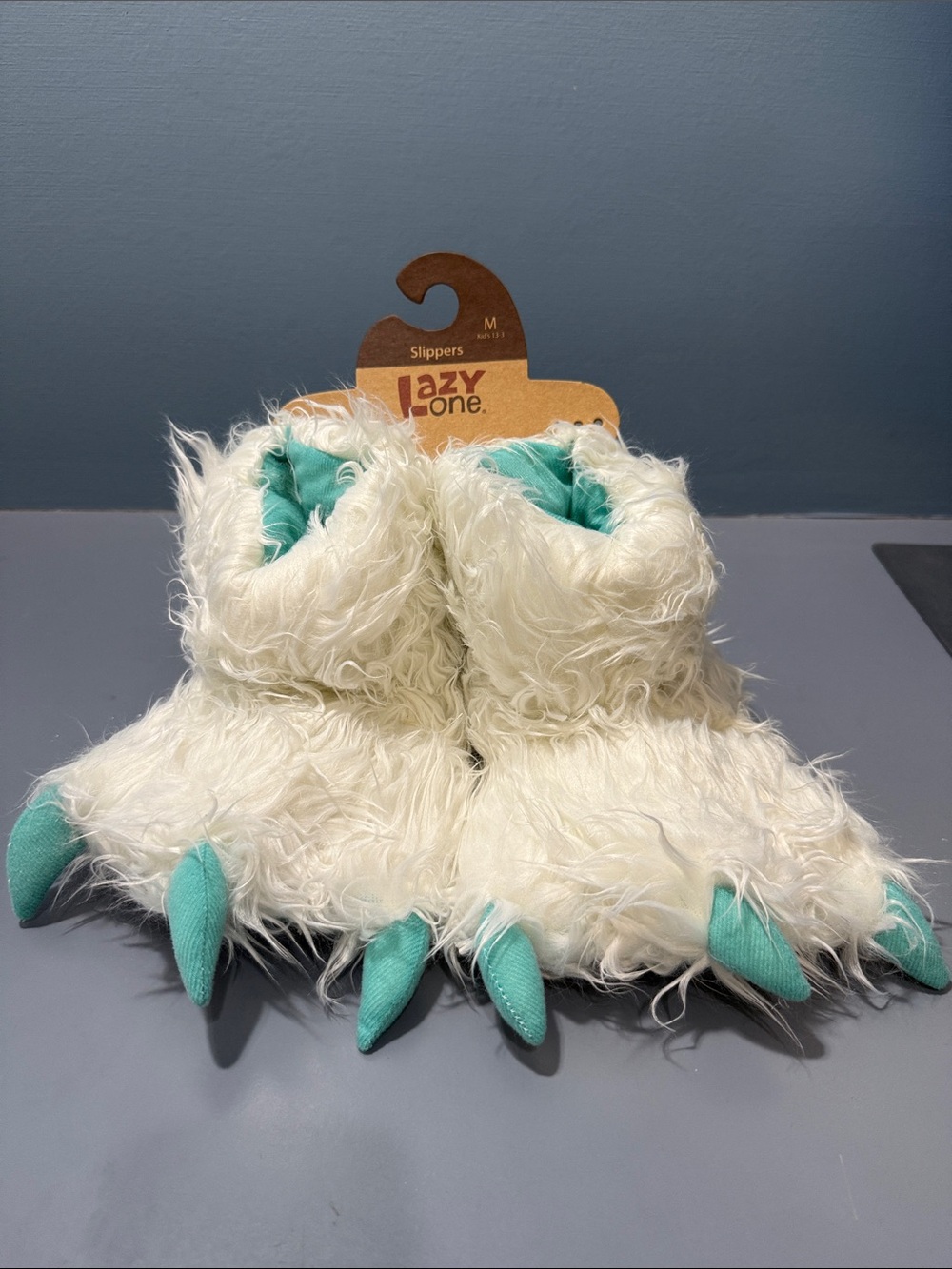 Lazy One White Fuzzy Monster Claw Slipper Boots with Teal Claws